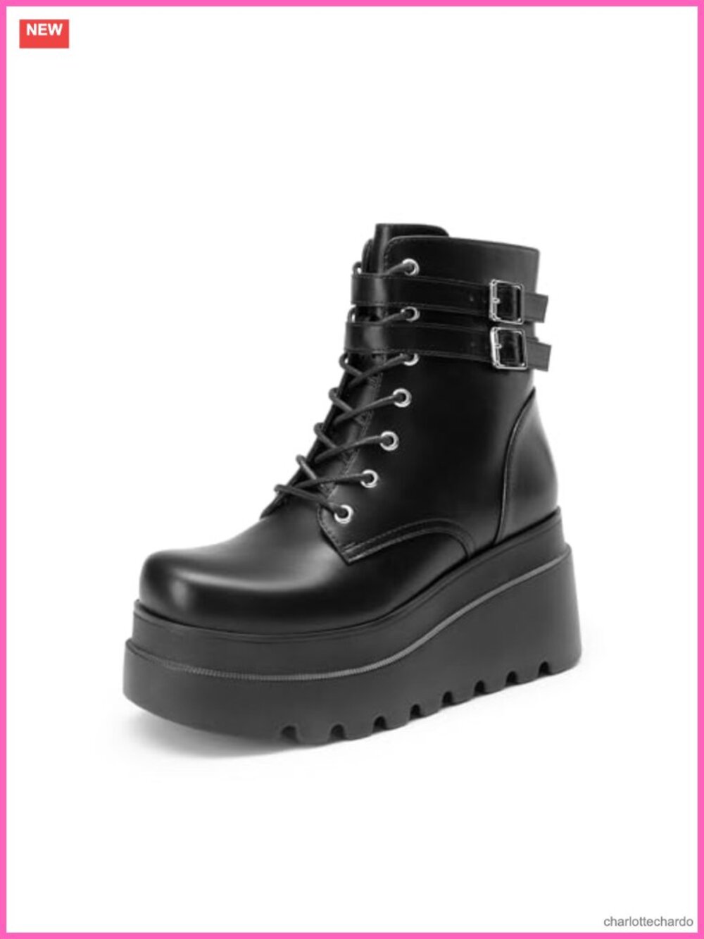 Faux Leather Platform Combat Ankle Boots Chunky High Heel Lace Up Motorcycle